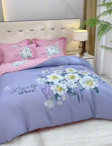 91家纺网 家纺一手货源 找家纺 格里芬家纺 2025新款全棉大版13372纯棉印花四件套 花季-紫