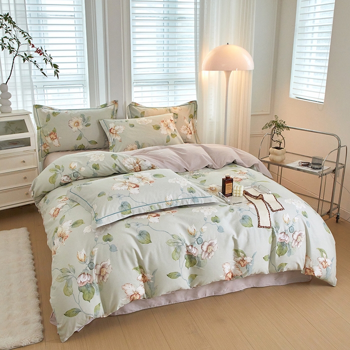 91家纺网 家纺一手货源 找家纺 沐白家居 2024新款全棉13376全棉印花四件套 悠悠花园-绿