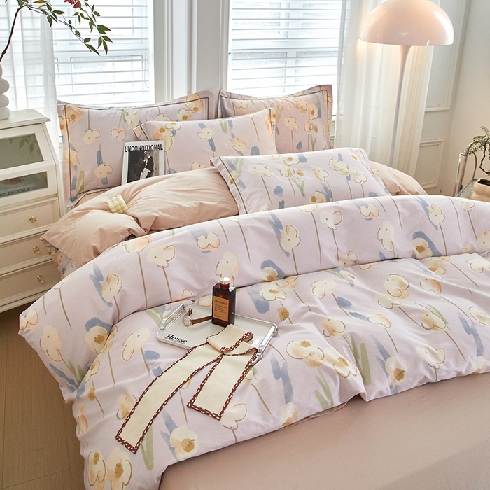 91家纺网 家纺一手货源 找家纺 沐白家居 2024新款全棉13376全棉印花四件套 木槿-粉