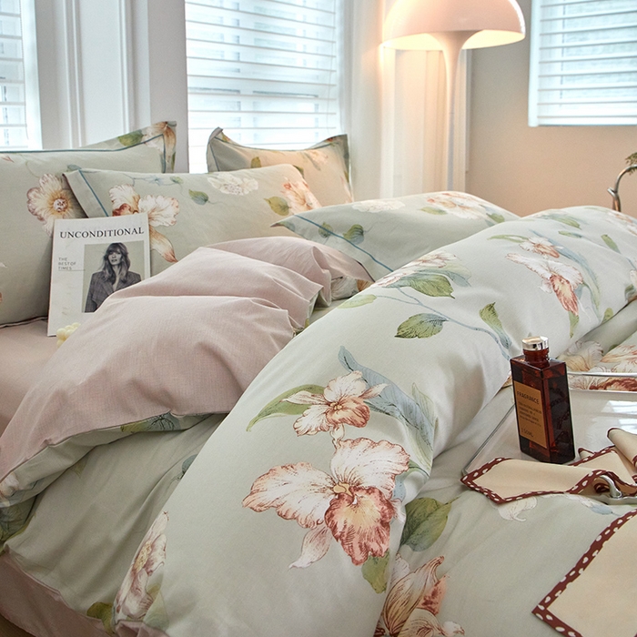 91家纺网 家纺一手货源 找家纺 沐白家居 2024新款全棉13376全棉印花四件套 悠悠花园-绿