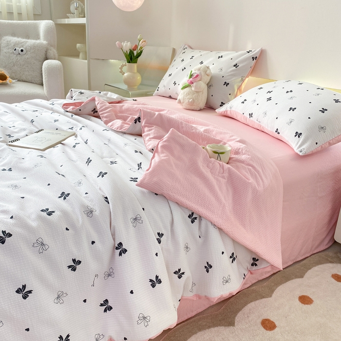 91家纺网 家纺一手货源 找家纺 憨豆 2025直播代发泡泡云朵棉印花夏被四件套系列 蝴蝶结