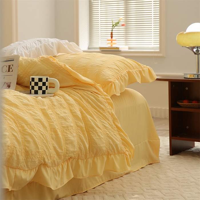 91家纺网 家纺一手货源 找家纺 仟网汇 2024新款韩版简约方格泡泡纱四件套 亮丽黄