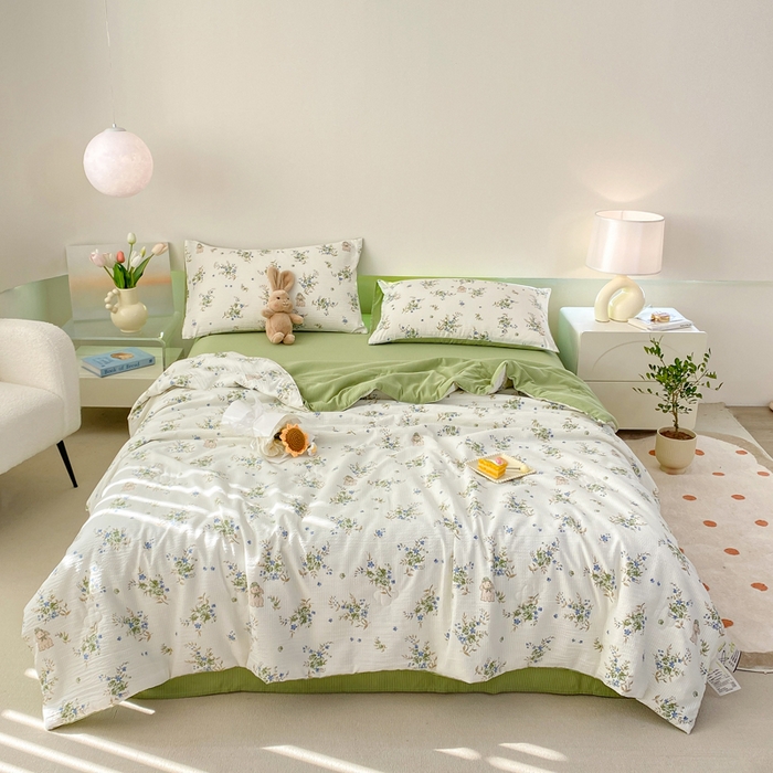 91家纺网 家纺一手货源 找家纺 憨豆 2025直播代发泡泡云朵棉印花夏被四件套系列 菲菲兔