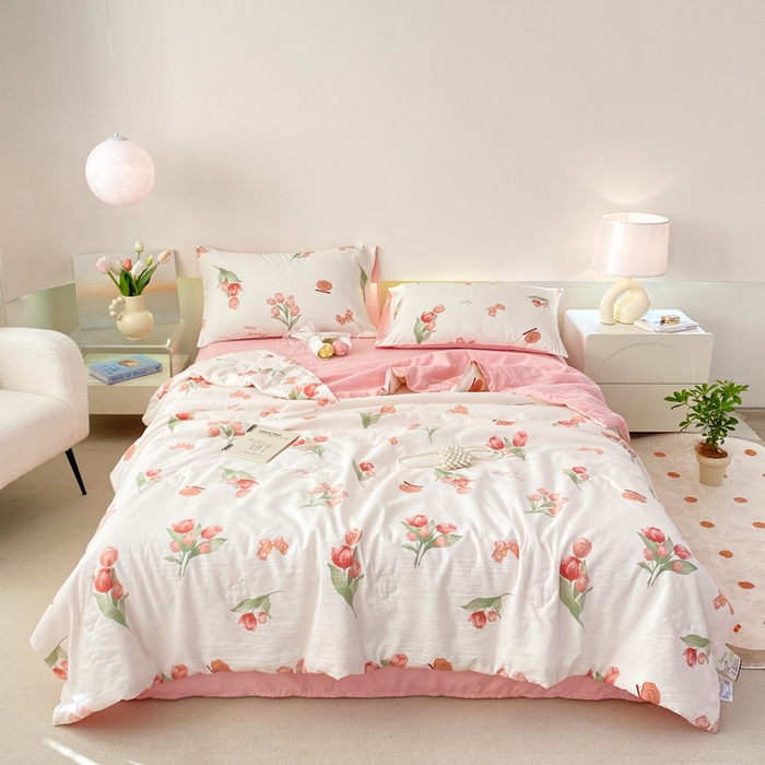 91家纺网 家纺一手货源 找家纺 憨豆 2025直播代发泡泡云朵棉印花夏被四件套系列 粉色伊人