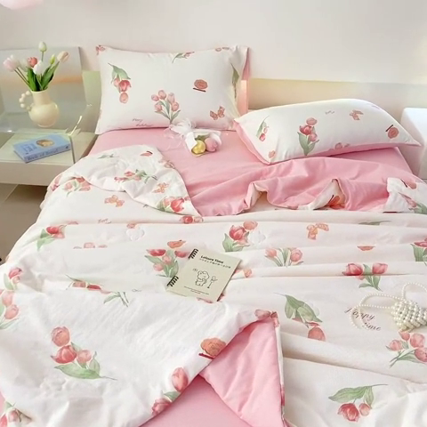 91家纺网 家纺一手货源 找家纺 憨豆 2025直播代发泡泡云朵棉印花夏被四件套系列 粉色伊人