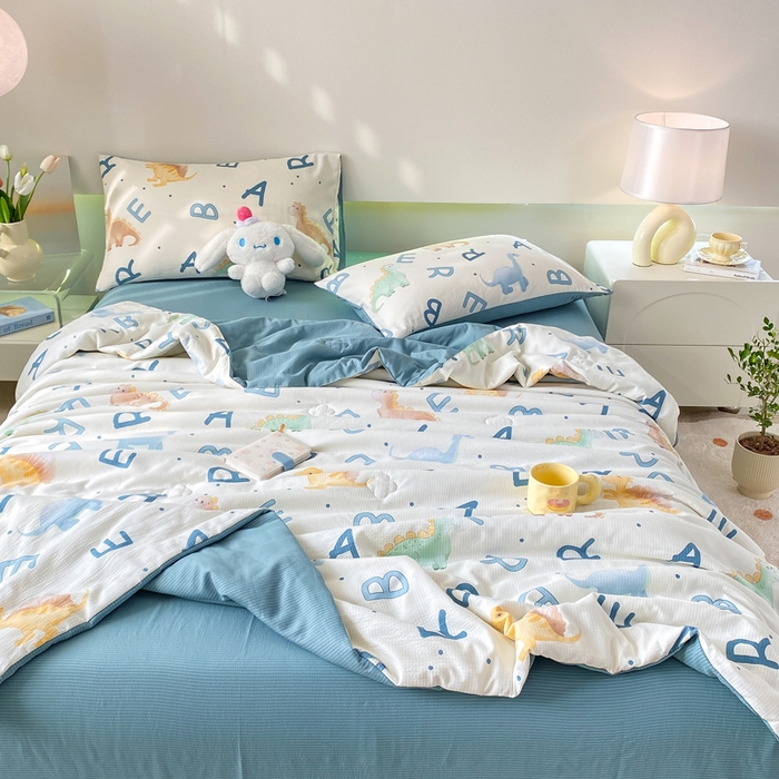 91家纺网 家纺一手货源 找家纺 憨豆 2025直播代发泡泡云朵棉印花夏被四件套系列 侏罗纪