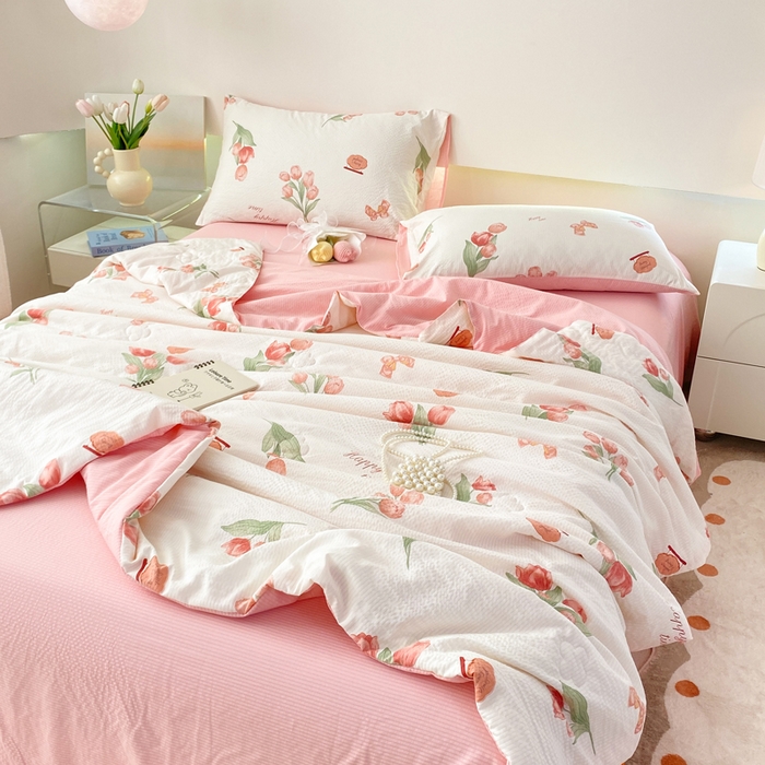 91家纺网 家纺一手货源 找家纺 憨豆 2025直播代发泡泡云朵棉印花夏被四件套系列 粉色伊人