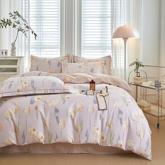 91家纺网 家纺一手货源 找家纺 沐白家居 2024新款全棉13376全棉印花四件套 木槿-粉