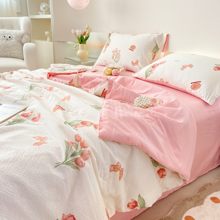 91家纺网 家纺一手货源 找家纺 憨豆 2025直播代发泡泡云朵棉印花夏被四件套系列 粉色伊人