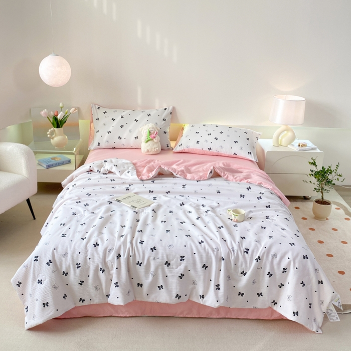 91家纺网 家纺一手货源 找家纺 憨豆 2025直播代发泡泡云朵棉印花夏被四件套系列 蝴蝶结