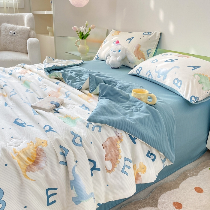 91家纺网 家纺一手货源 找家纺 憨豆 2025直播代发泡泡云朵棉印花夏被四件套系列 侏罗纪