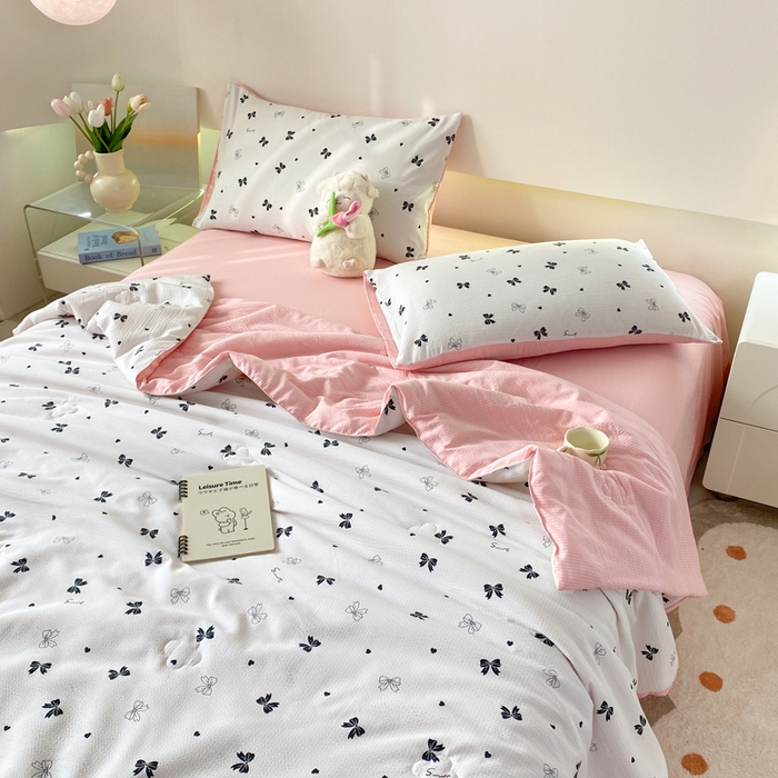 91家纺网 家纺一手货源 找家纺 憨豆 2025直播代发泡泡云朵棉印花夏被四件套系列 蝴蝶结