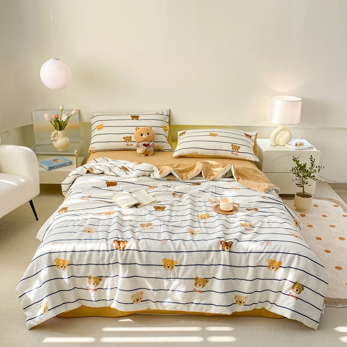 91家纺网 家纺一手货源 找家纺 憨豆 2025直播代发泡泡云朵棉印花夏被四件套系列 条纹熊