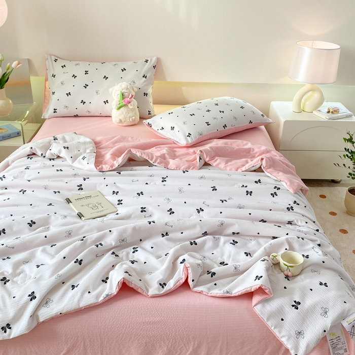 91家纺网 家纺一手货源 找家纺 憨豆 2025直播代发泡泡云朵棉印花夏被四件套系列 蝴蝶结