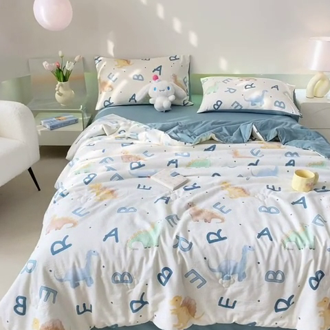 91家纺网 家纺一手货源 找家纺 憨豆 2025直播代发泡泡云朵棉印花夏被四件套系列 侏罗纪