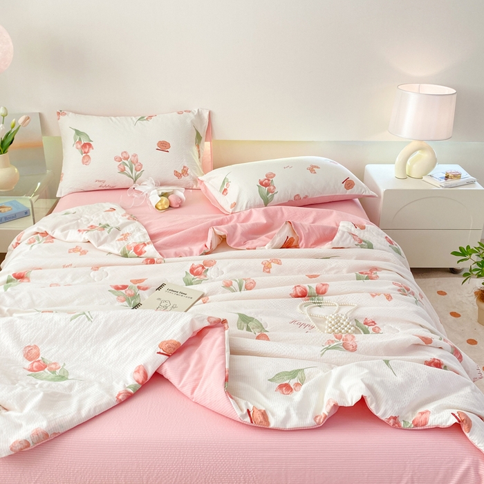 91家纺网 家纺一手货源 找家纺 憨豆 2025直播代发泡泡云朵棉印花夏被四件套系列 粉色伊人