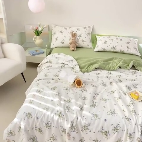 91家纺网 家纺一手货源 找家纺 憨豆 2025直播代发泡泡云朵棉印花夏被四件套系列 菲菲兔