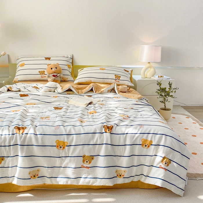 91家纺网 家纺一手货源 找家纺 憨豆 2025直播代发泡泡云朵棉印花夏被四件套系列 条纹熊