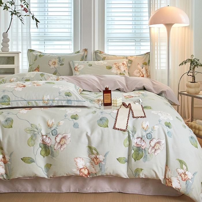 91家纺网 家纺一手货源 找家纺 沐白家居 2024新款全棉13376全棉印花四件套 悠悠花园-绿