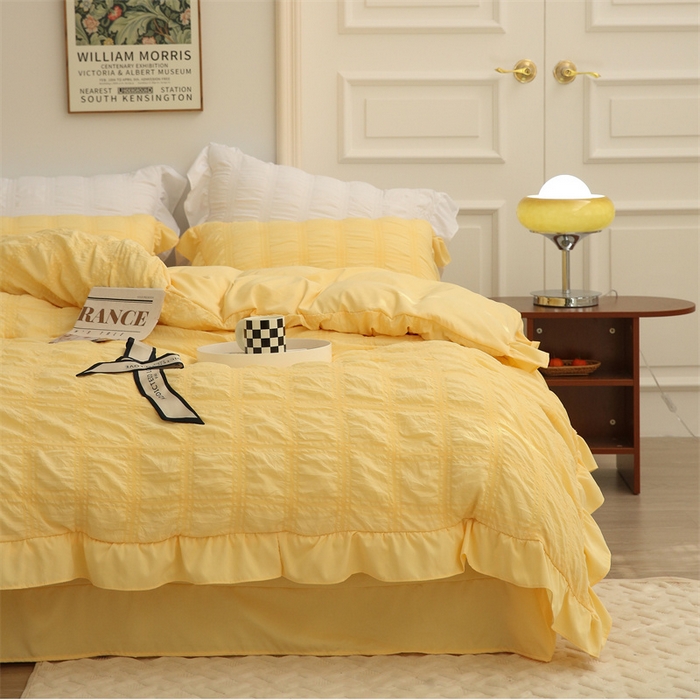 91家纺网 家纺一手货源 找家纺 仟网汇 2024新款韩版简约方格泡泡纱四件套 亮丽黄