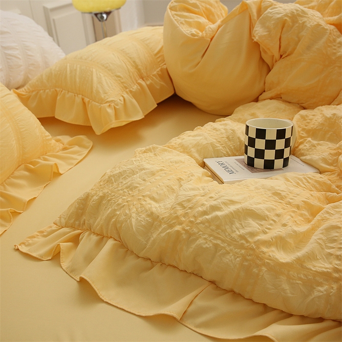 91家纺网 家纺一手货源 找家纺 仟网汇 2024新款韩版简约方格泡泡纱四件套 亮丽黄