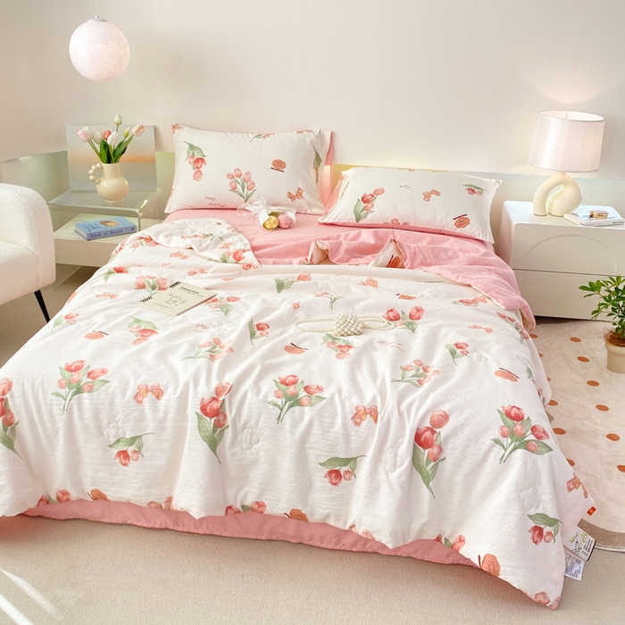 91家纺网 家纺一手货源 找家纺 憨豆 2025直播代发泡泡云朵棉印花夏被四件套系列 粉色伊人