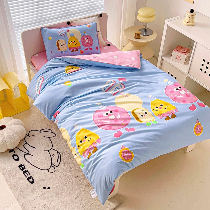 91家纺网 家纺一手货源 找家纺 乐秀 2025新款40S全棉13372幼儿园三件套六件套 快乐甜甜圈