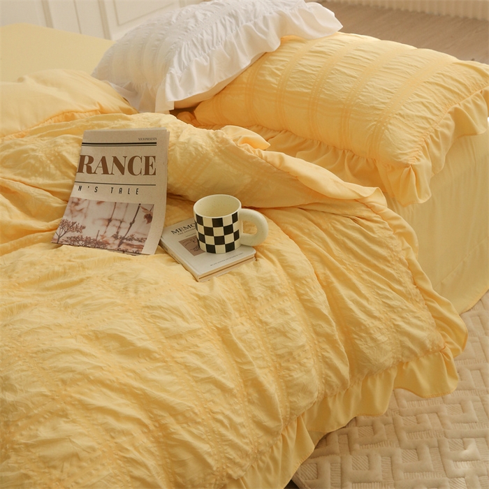 91家纺网 家纺一手货源 找家纺 仟网汇 2024新款韩版简约方格泡泡纱四件套 亮丽黄