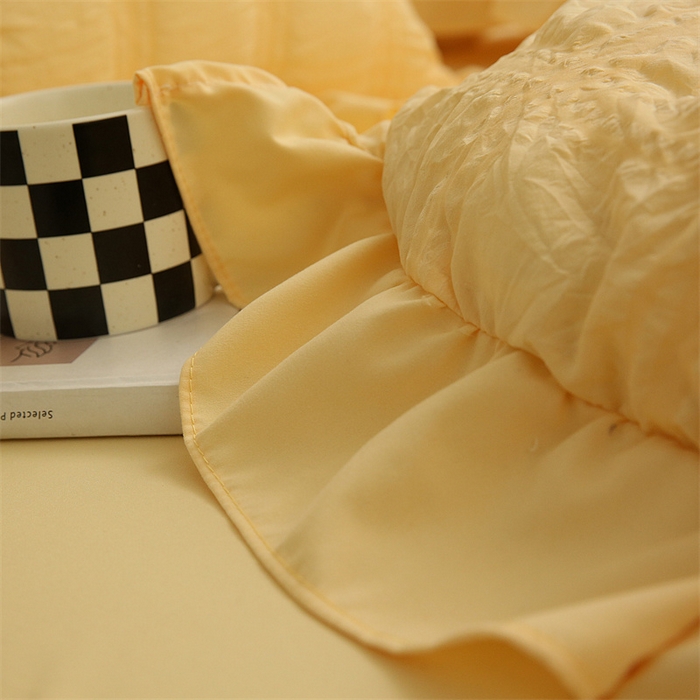 91家纺网 家纺一手货源 找家纺 仟网汇 2024新款韩版简约方格泡泡纱四件套 亮丽黄