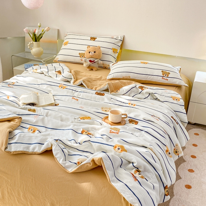 91家纺网 家纺一手货源 找家纺 憨豆 2025直播代发泡泡云朵棉印花夏被四件套系列 条纹熊