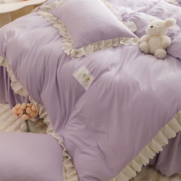 91家纺网 家纺一手货源 找家纺 欧冠家纺 2024新款四季款夹棉泡泡纱床裙床笠被套四件套 紫色