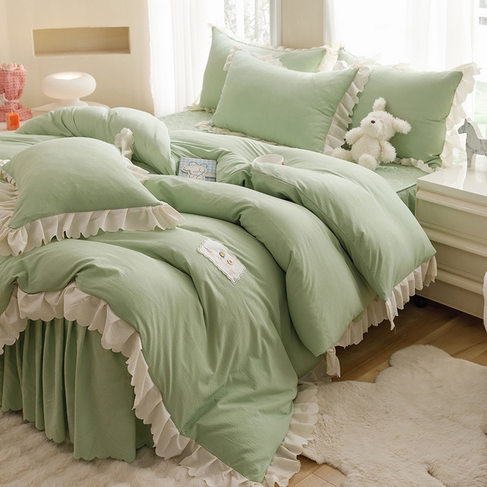 91家纺网 家纺一手货源 找家纺 丝印良品 2024新款四季款夹棉泡泡纱床裙床笠被套四件套 豆绿