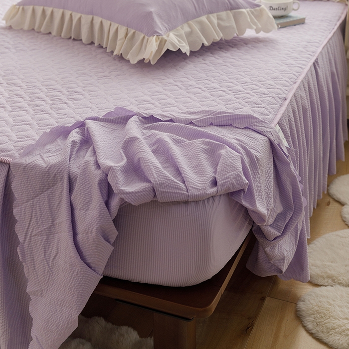91家纺网 家纺一手货源 找家纺 欧冠家纺 2024新款四季款夹棉泡泡纱床裙床笠被套四件套 紫色