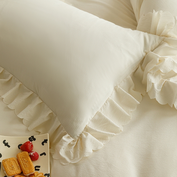 91家纺网 家纺一手货源 找家纺 绒世界 绒世界 2025新款四季款夹棉泡泡纱床裙床笠被套四件套 米白