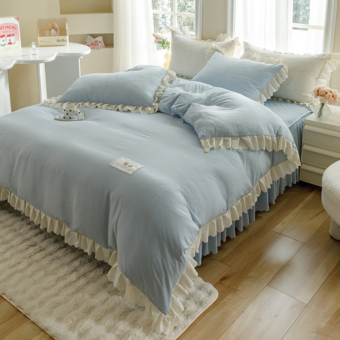 91家纺网 家纺一手货源 找家纺 绒世界 绒世界 2025新款四季款夹棉泡泡纱床裙床笠被套四件套 慕蓝