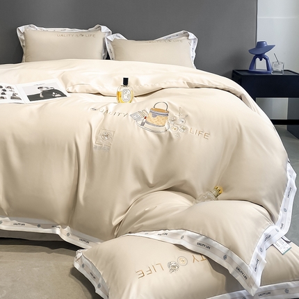 欧冠家纺 2024新款大牌风60S水洗真丝刺绣床笠被套四件套香奈系列 香奈-香槟