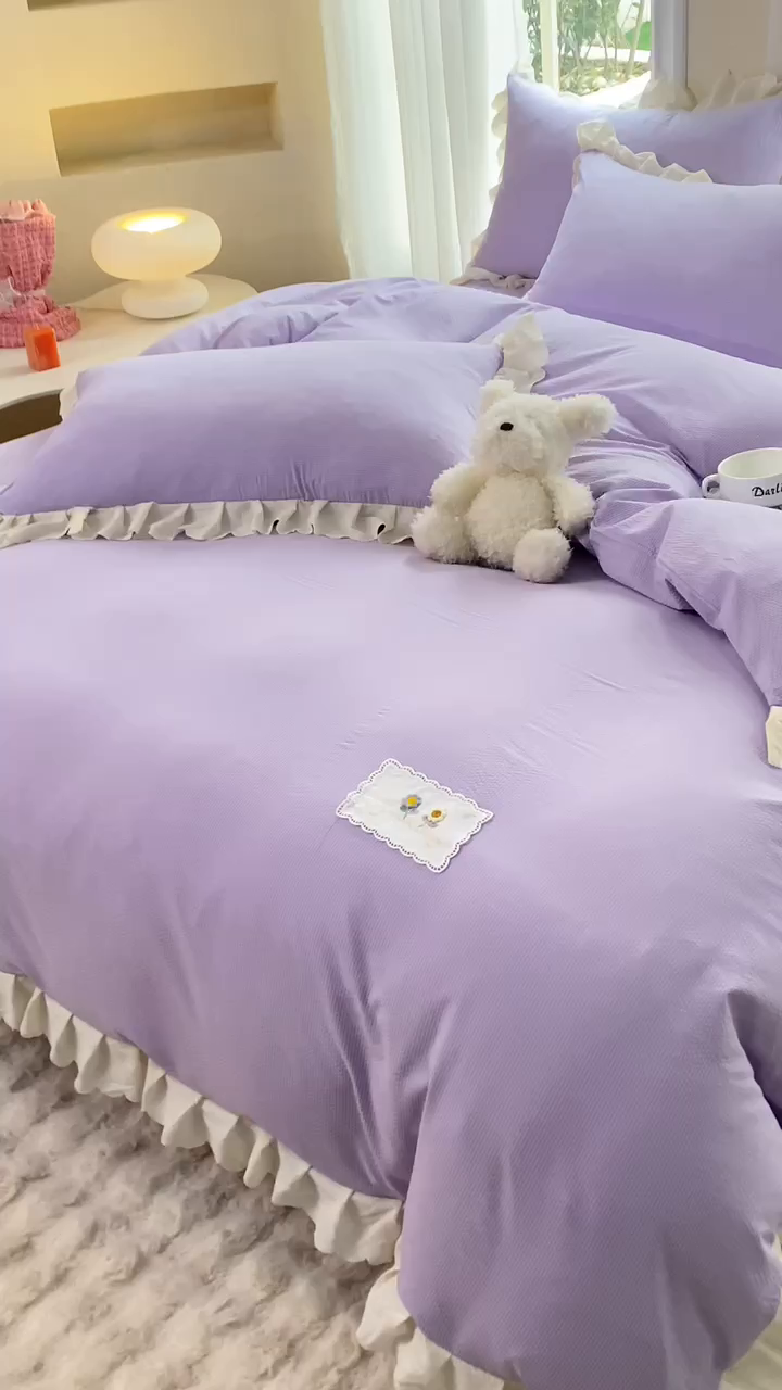 91家纺网 家纺一手货源 找家纺 欧冠家纺 2024新款四季款夹棉泡泡纱床裙床笠被套四件套 紫色