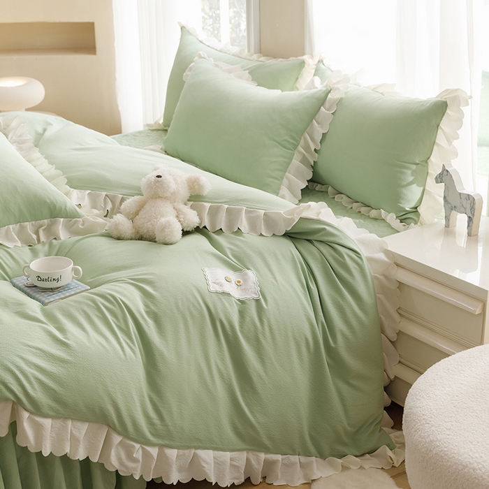 91家纺网 家纺一手货源 找家纺 丝印良品 2024新款四季款夹棉泡泡纱床裙床笠被套四件套 豆绿