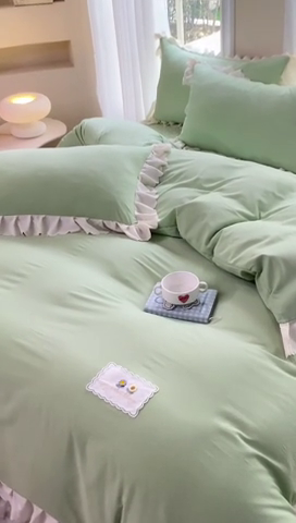 91家纺网 家纺一手货源 找家纺 丝印良品 2024新款四季款夹棉泡泡纱床裙床笠被套四件套 豆绿