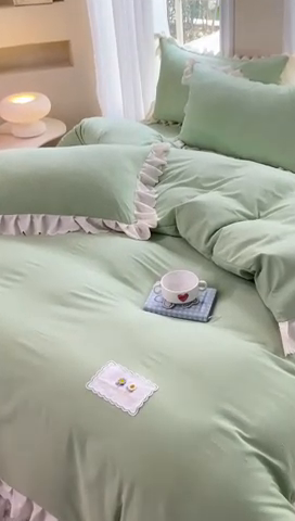 91家纺网 家纺一手货源 找家纺 绒世界 绒世界 2025新款四季款夹棉泡泡纱床裙床笠被套四件套 豆绿