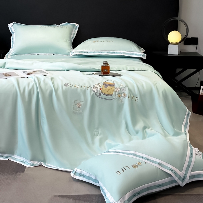 91家纺网 家纺一手货源 找家纺 欧冠家纺 2024新款大牌风水洗真丝绣花床笠被套夏被四件套 路易系列 路易-白茶绿