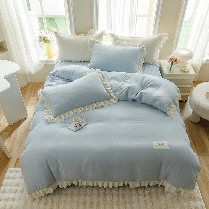 91家纺网 家纺一手货源 找家纺 绒世界 绒世界 2025新款四季款夹棉泡泡纱床裙床笠被套四件套 慕蓝