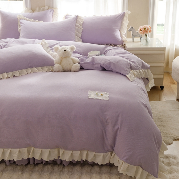91家纺网 家纺一手货源 找家纺 绒世界 绒世界 2025新款四季款夹棉泡泡纱床裙床笠被套四件套 紫色