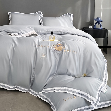 欧冠家纺 2024新款大牌风60S水洗真丝刺绣床笠被套四件套香奈系列 香奈-山灰