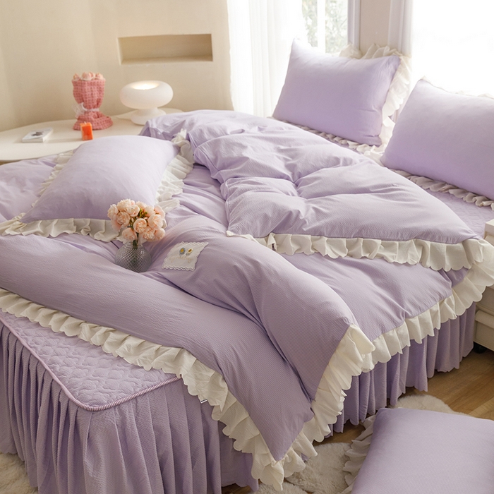 91家纺网 家纺一手货源 找家纺 欧冠家纺 2024新款四季款夹棉泡泡纱床裙床笠被套四件套 紫色