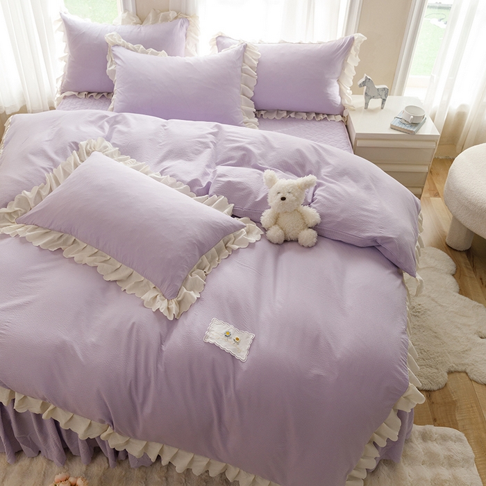 91家纺网 家纺一手货源 找家纺 欧冠家纺 2024新款四季款夹棉泡泡纱床裙床笠被套四件套 紫色