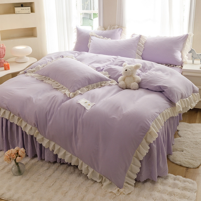 91家纺网 家纺一手货源 找家纺 绒世界 绒世界 2025新款四季款夹棉泡泡纱床裙床笠被套四件套 紫色