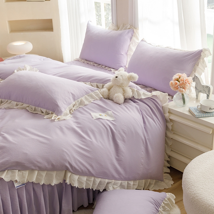 91家纺网 家纺一手货源 找家纺 欧冠家纺 2024新款四季款夹棉泡泡纱床裙床笠被套四件套 紫色