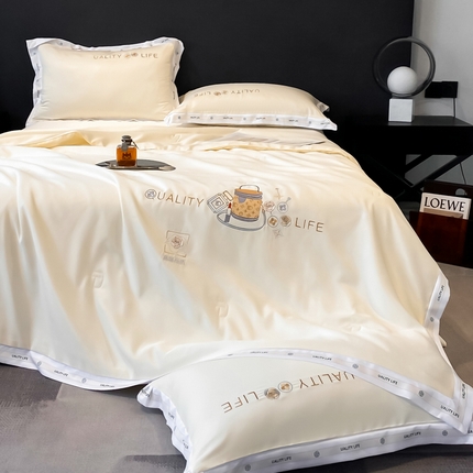 91家纺网 家纺一手货源 找家纺 欧冠家纺 2024新款大牌风水洗真丝绣花床笠被套夏被四件套 路易系列 路易-月白