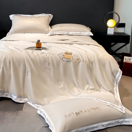 欧冠家纺 2024新款大牌风水洗真丝绣花床笠被套夏被四件套 路易系列 路易-香槟